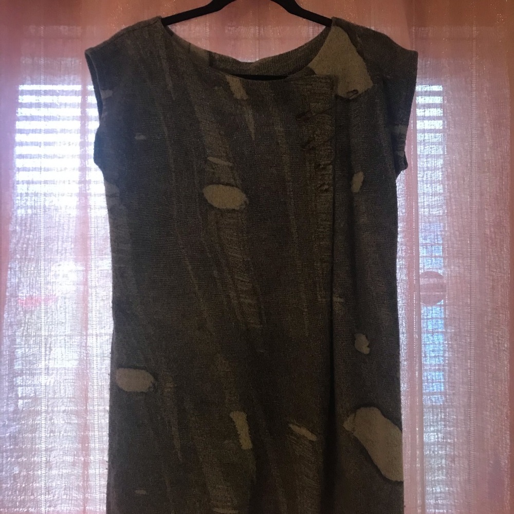 Grey “torn” tunic with bronze safety pins